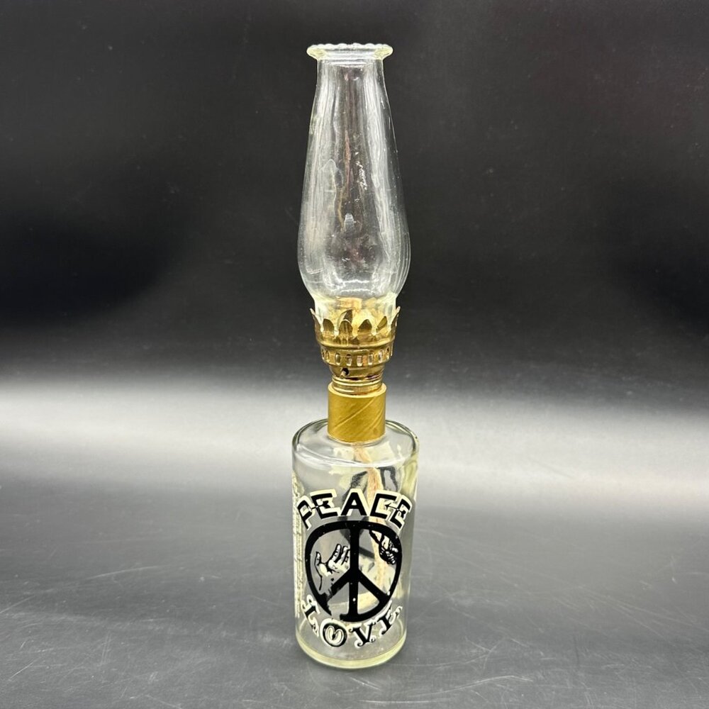 Vintage Peace Sign Love Oil Lamp Retro 1960s Groovy Hippy Glass Hong Kong Light